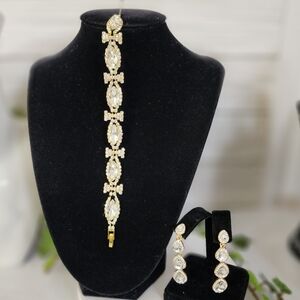 Elegant Gold with Rhinestone Bracelet And Drop Earrings Set Bling